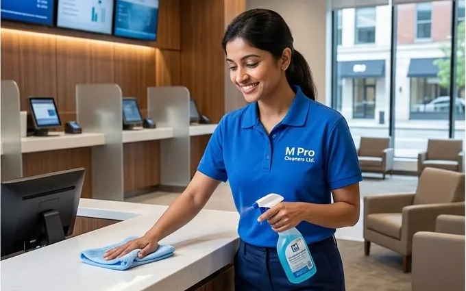 M Pro Cleaners team member wiping down a bank branch service counter